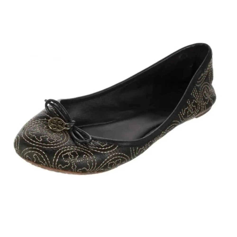 Tory Burch Leather Printed Ballet Flats Floral Logo Reva Classic Shoes Women 6.5